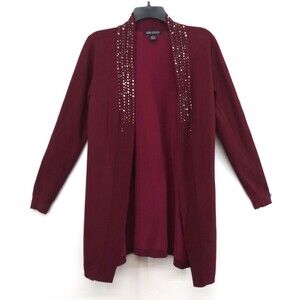 Love Forever Sweater Women Size S Burgundy Beaded Open Front Cardigan Top